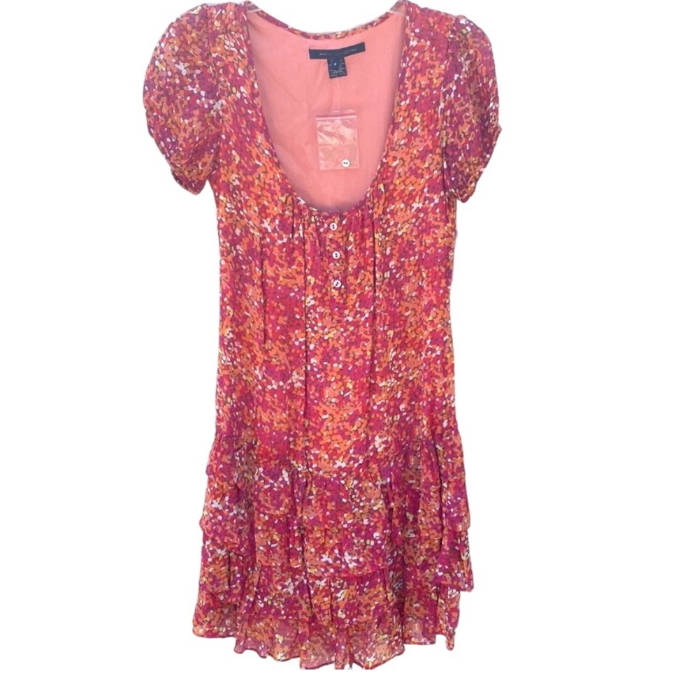 NWT French Connection womens size 0 spotted pink orange tiered ruffle dress